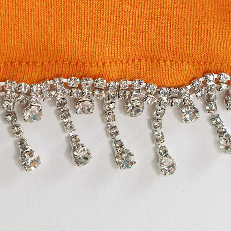 Sparkly Crystal Fringe Short Sleeve Crop Top Mini Skirt Matching Set - Orange - Image 3
