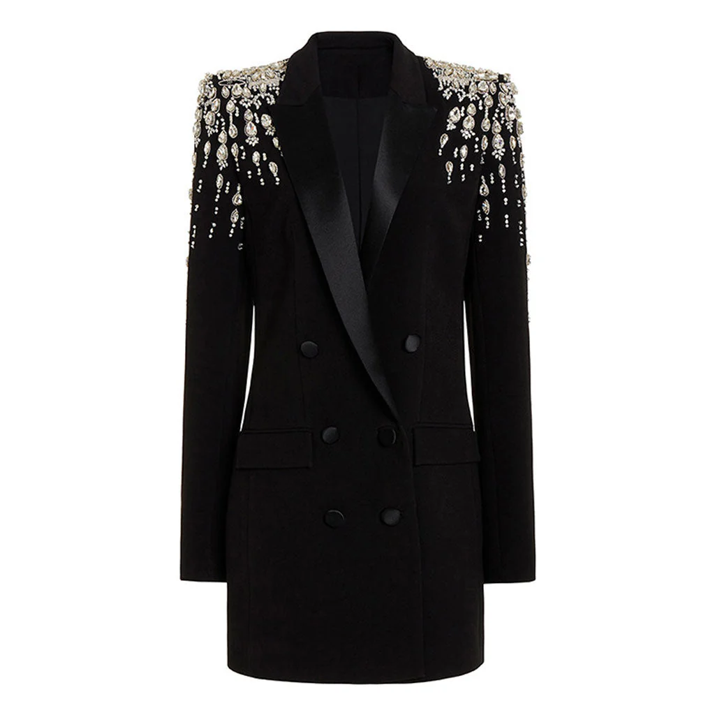 Sparkly Crystal Padded Sleeve Satin Peak Lapel Double Breasted Long Tailored Blazer - Image 3