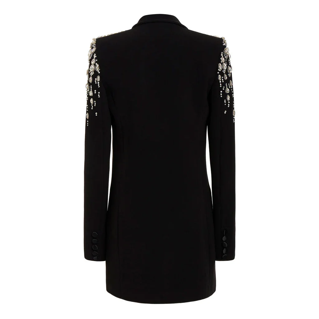 Sparkly Crystal Padded Sleeve Satin Peak Lapel Double Breasted Long Tailored Blazer - Image 4