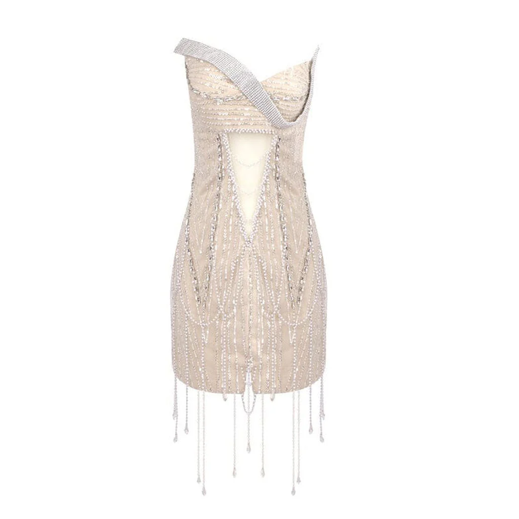 Sparkly Crystal & Pearl Fringe Bodycon Sheer Mesh Mini Strapless Dress - Image 5
