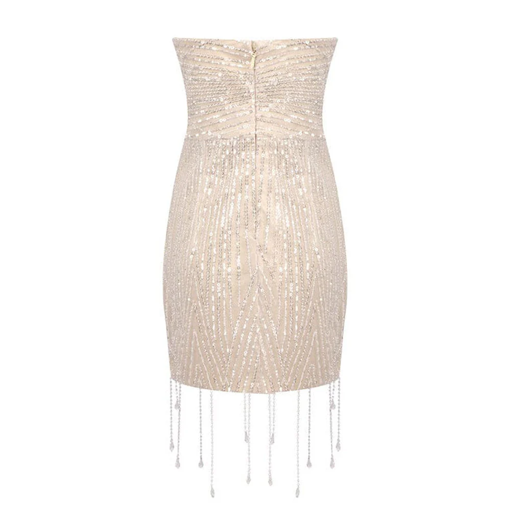 Sparkly Crystal & Pearl Fringe Bodycon Sheer Mesh Mini Strapless Dress - Image 6