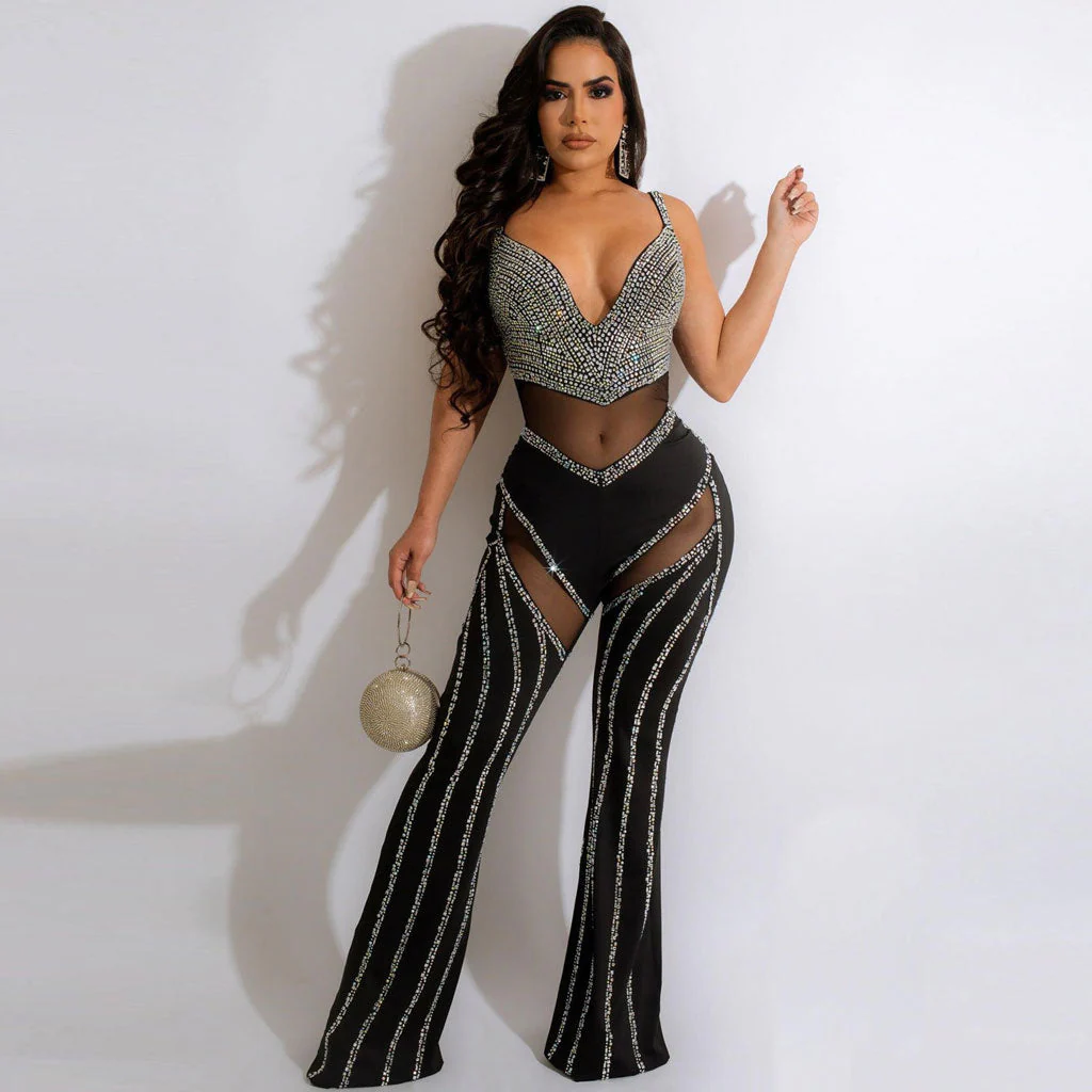 Sparkly Crystal Plunge Neck Sheer Mesh Panel Wide Leg Sleeveless Party Jumpsuit - Image 3