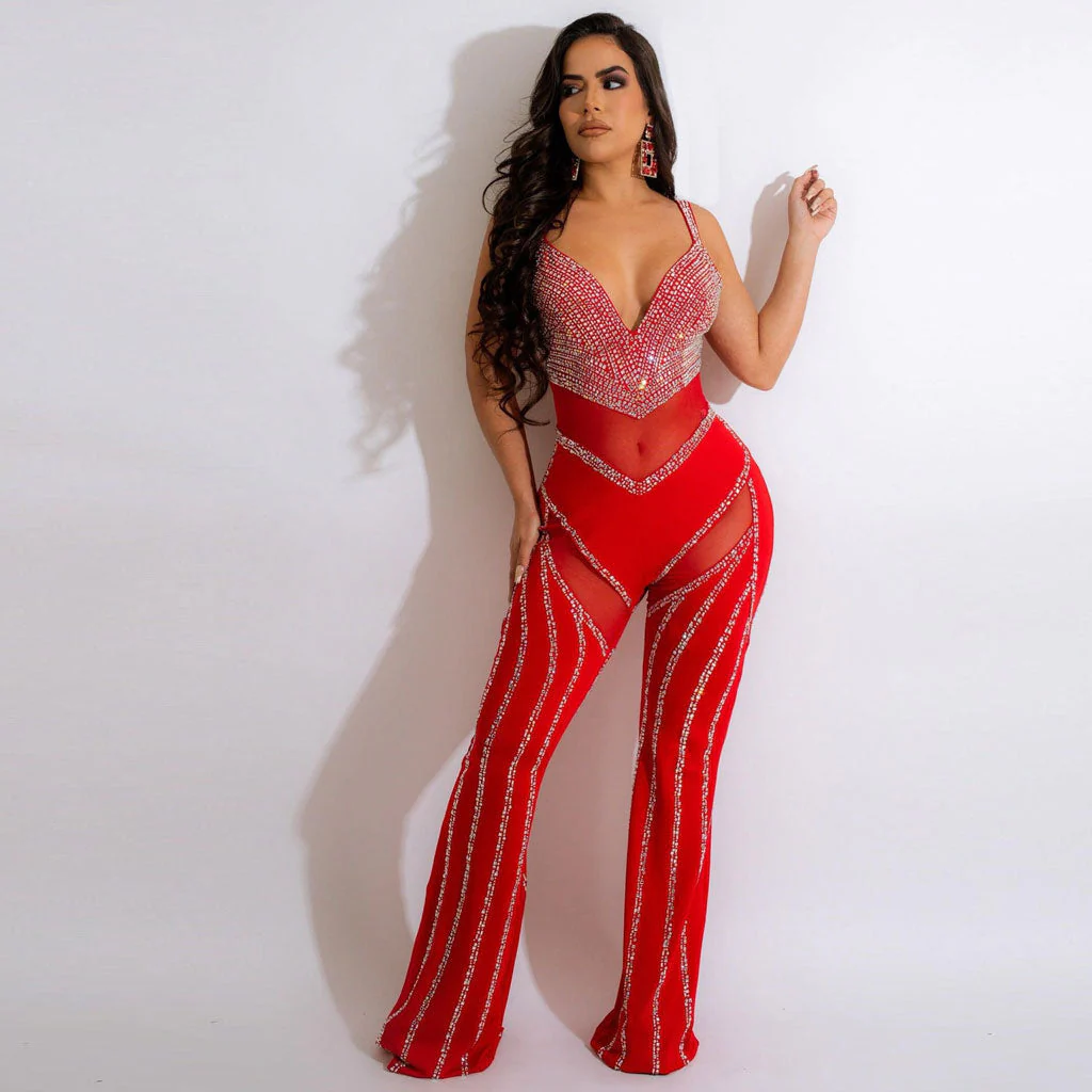 Sparkly Crystal Plunge Neck Sheer Mesh Panel Wide Leg Sleeveless Party Jumpsuit - Image 4