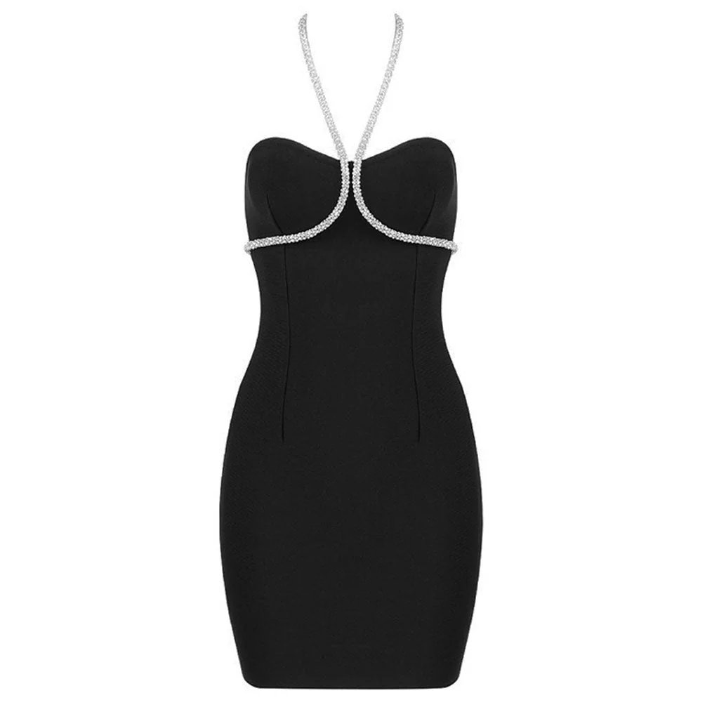Sparkly Crystal Rope Embellished Halter Neck Mini Bandage Dress - Black - Image 4
