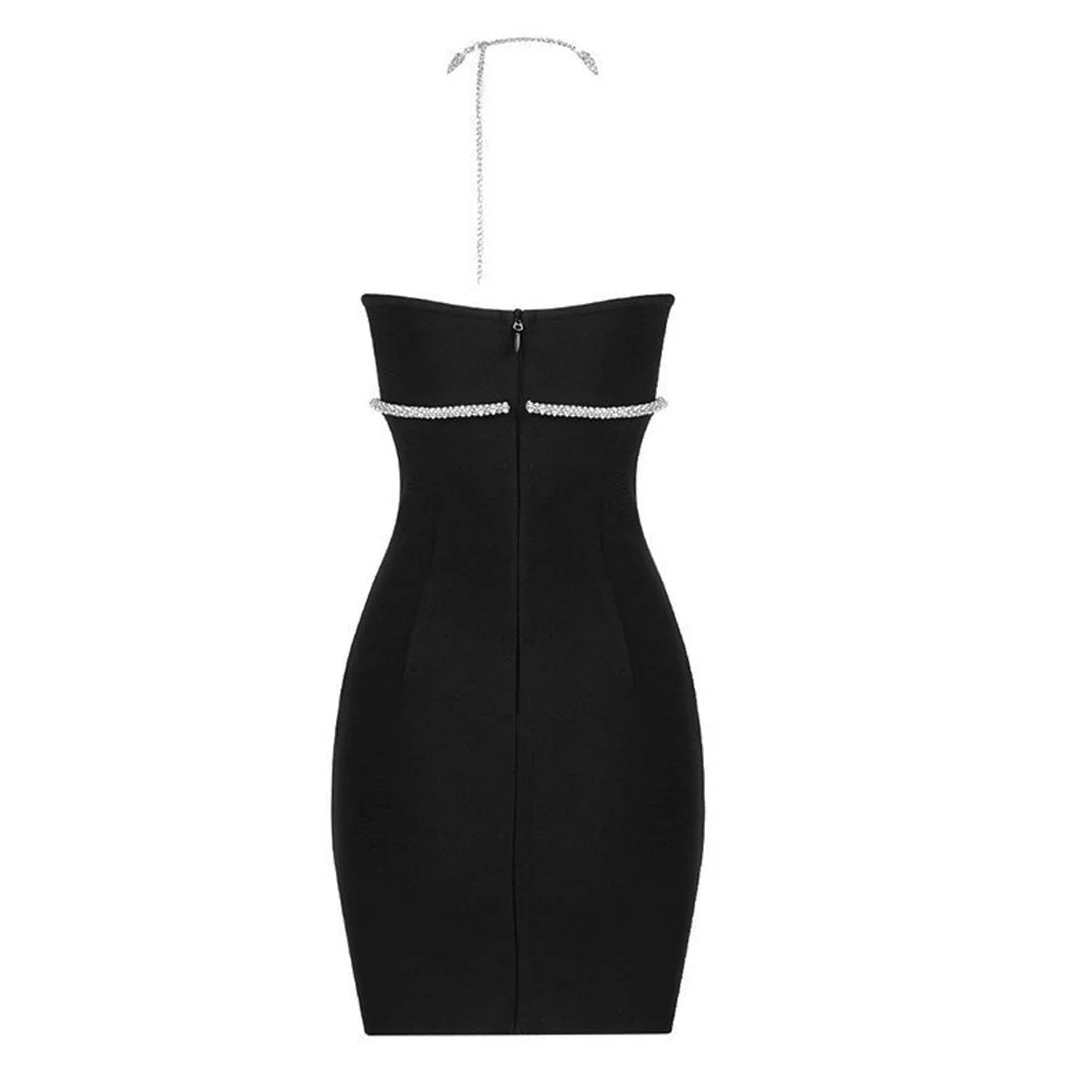 Sparkly Crystal Rope Embellished Halter Neck Mini Bandage Dress - Black - Image 5