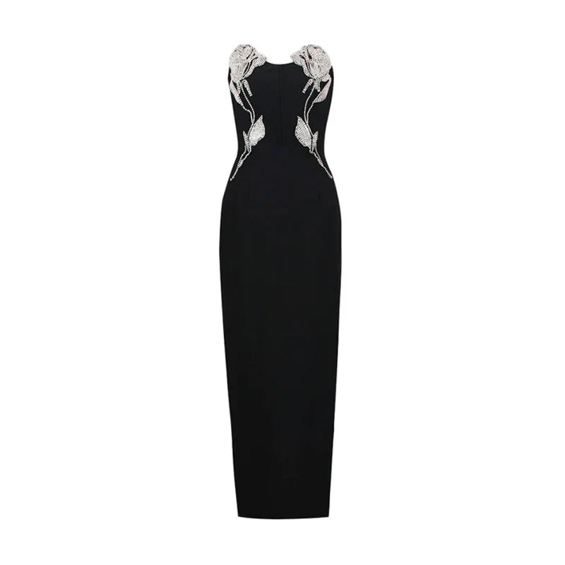 Sparkly Crystal Rose Embellished Side Slit Bodycon Maxi Dress - Black - Image 5