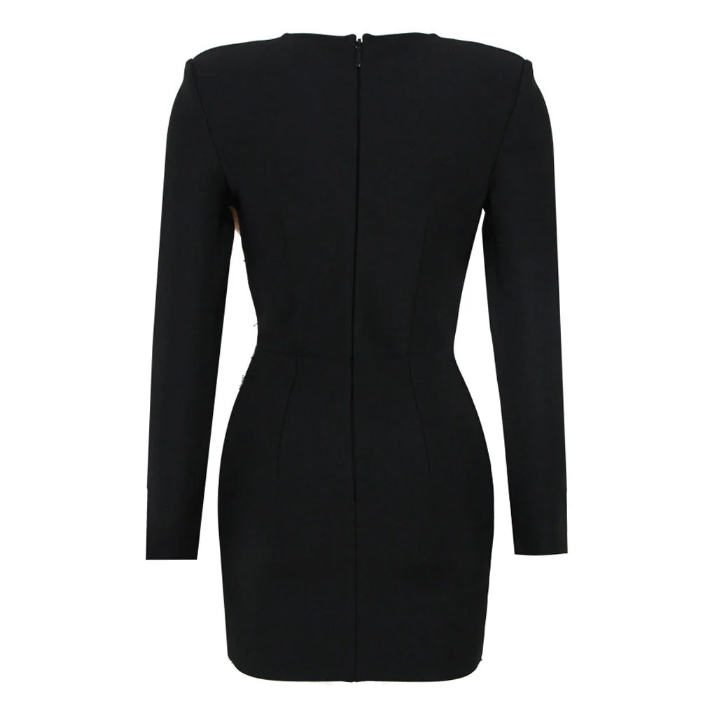 Sparkly Crystal Rosette Applique Bicolor Plunge Neck Bodycon Party Mini Bandage Dress - Image 2