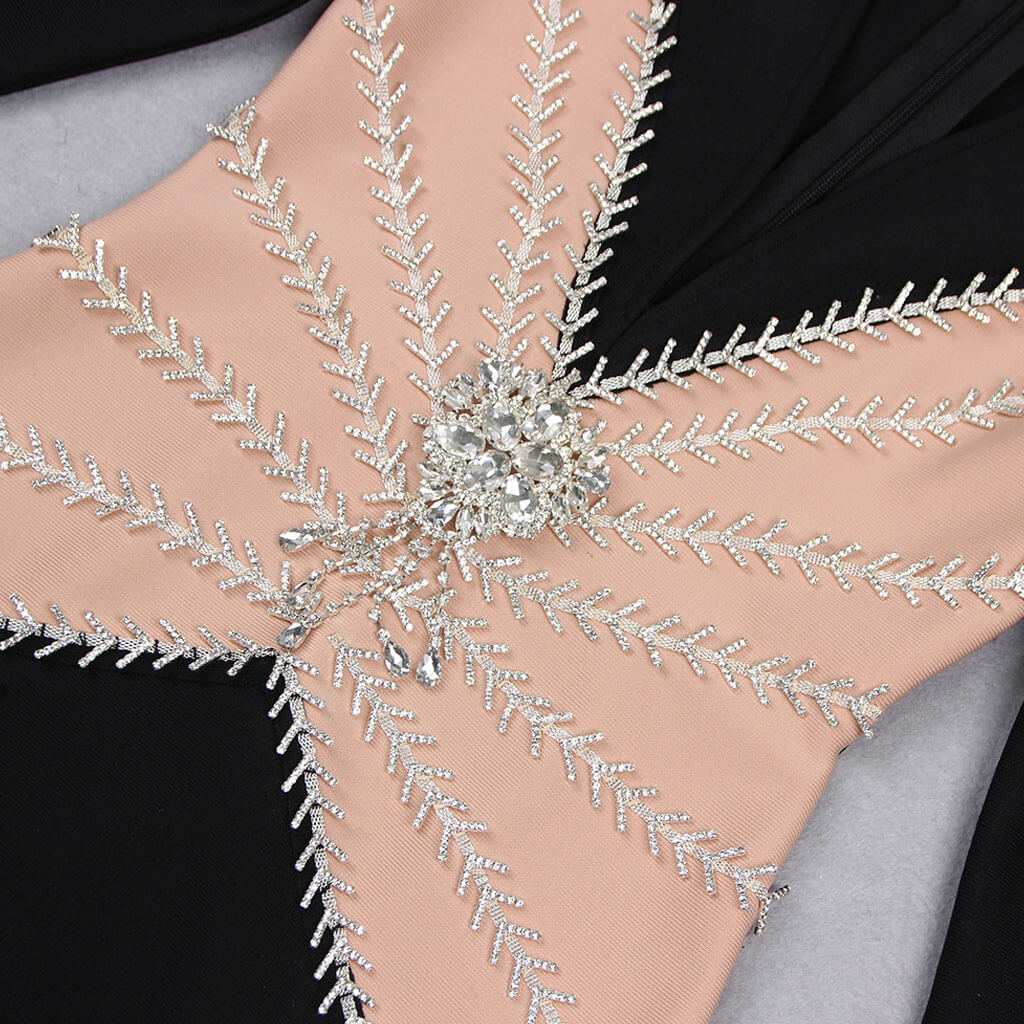 Sparkly Crystal Rosette Applique Bicolor Plunge Neck Bodycon Party Mini Bandage Dress - Image 4