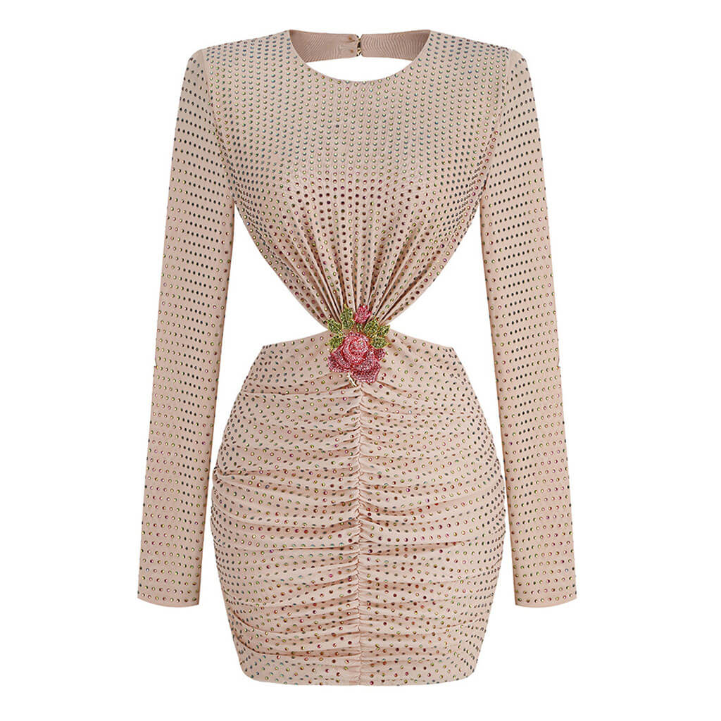 Sparkly Crystal Rosette Corsage CutOut Backless Padded Long Sleeve Mini Party Dress - Image 2
