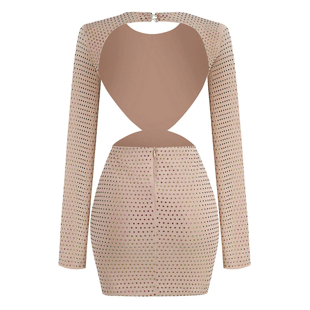Sparkly Crystal Rosette Corsage CutOut Backless Padded Long Sleeve Mini Party Dress - Image 3