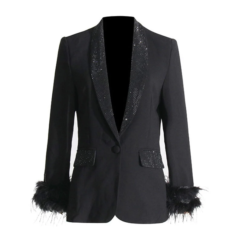Sparkly Crystal Shawl Collar Faux Feather Trim Long Sleeve Single Button Tailored Blazer - Image 2