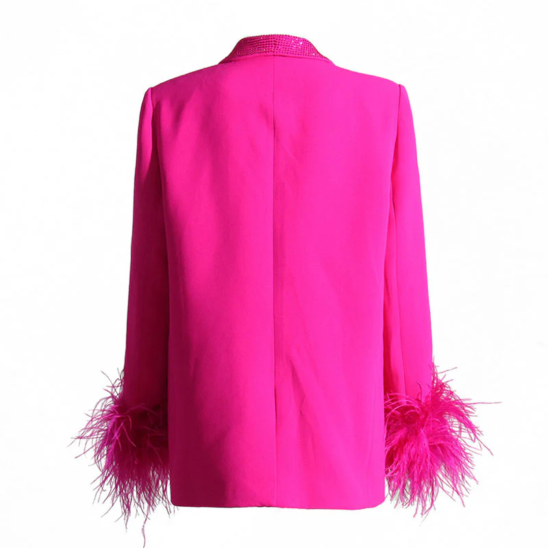 Sparkly Crystal Shawl Collar Faux Feather Trim Long Sleeve Single Button Tailored Blazer - Image 3
