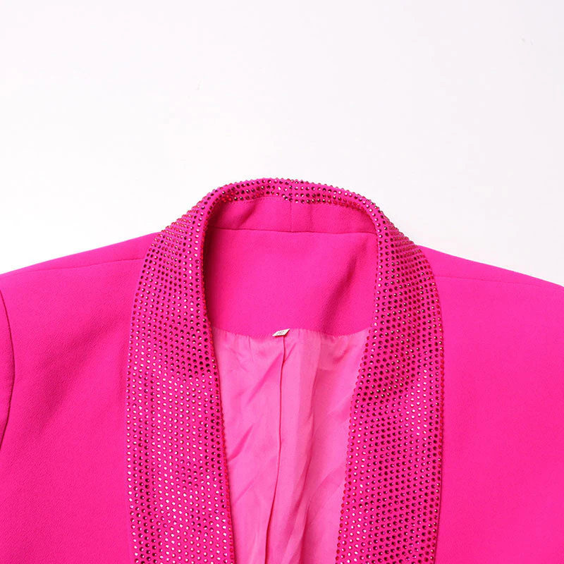 Sparkly Crystal Shawl Collar Faux Feather Trim Long Sleeve Single Button Tailored Blazer - Image 4