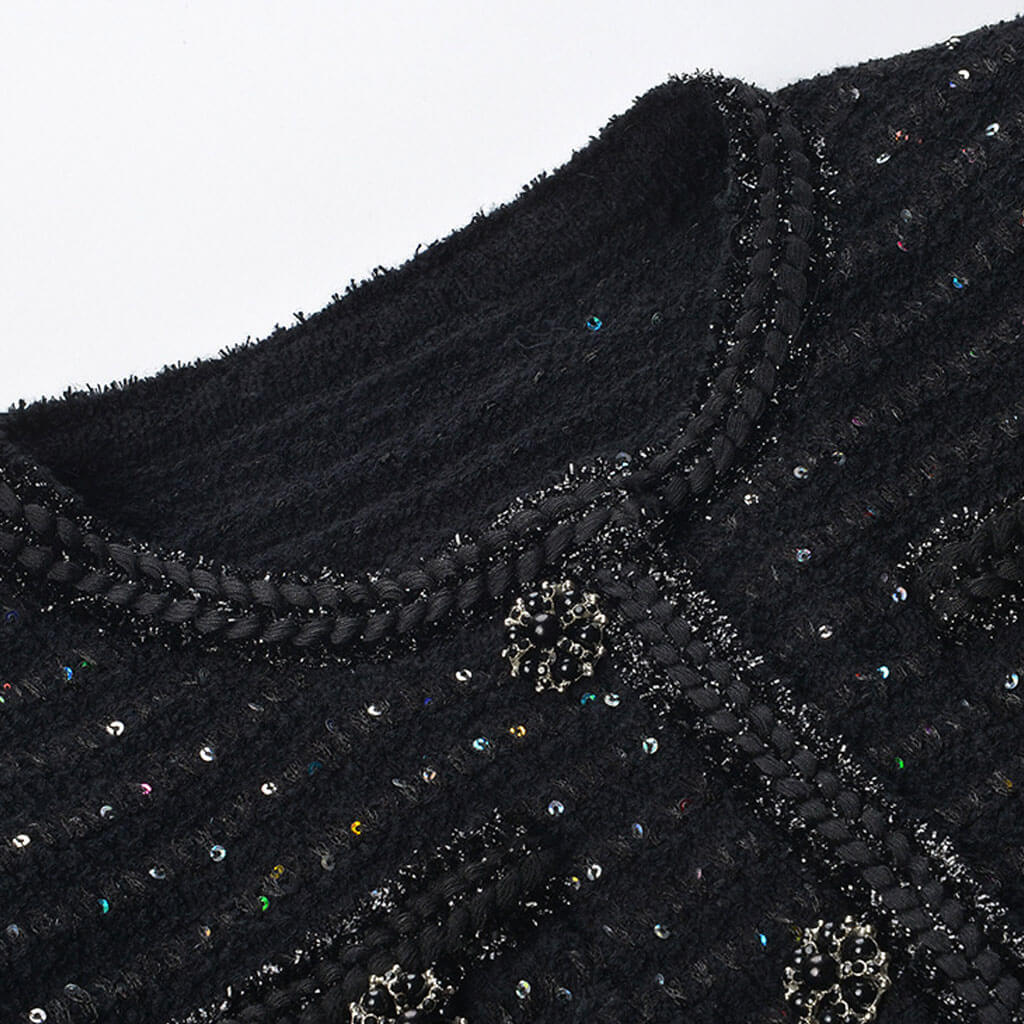 Sparkly Crystal Trim Button Front Long Sleeve Crop Sequin Knit Cardigan - Image 2