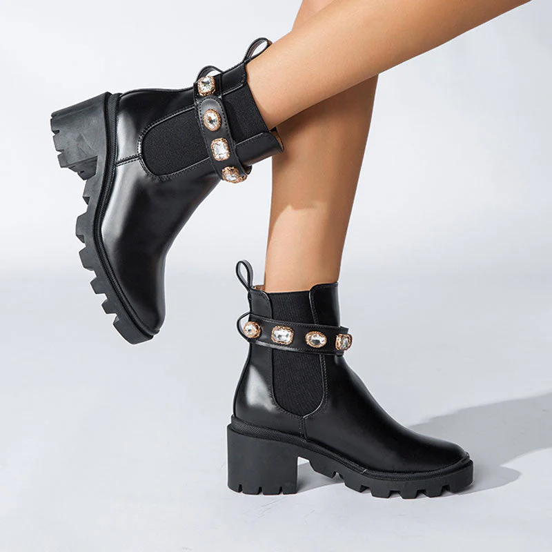 Sparkly Crystal Trim Lug Sole Round Toe Chunky Heel Ankle Boots - Black - Image 3