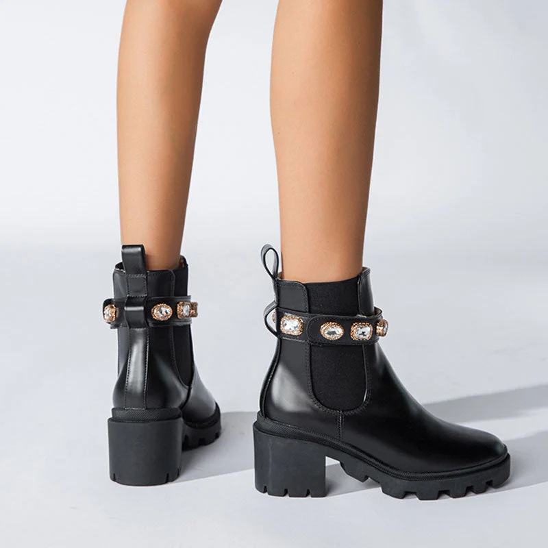 Sparkly Crystal Trim Lug Sole Round Toe Chunky Heel Ankle Boots - Black - Image 4