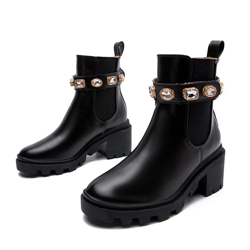 Sparkly Crystal Trim Lug Sole Round Toe Chunky Heel Ankle Boots - Black - Image 5