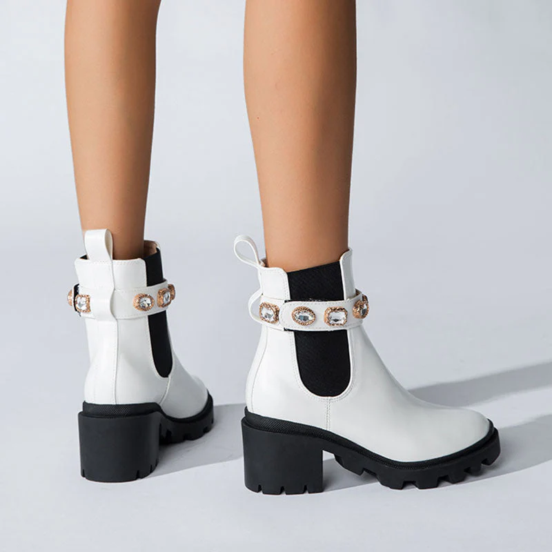 Sparkly Crystal Trim Lug Sole Round Toe Chunky Heel Ankle Boots - White - Image 3