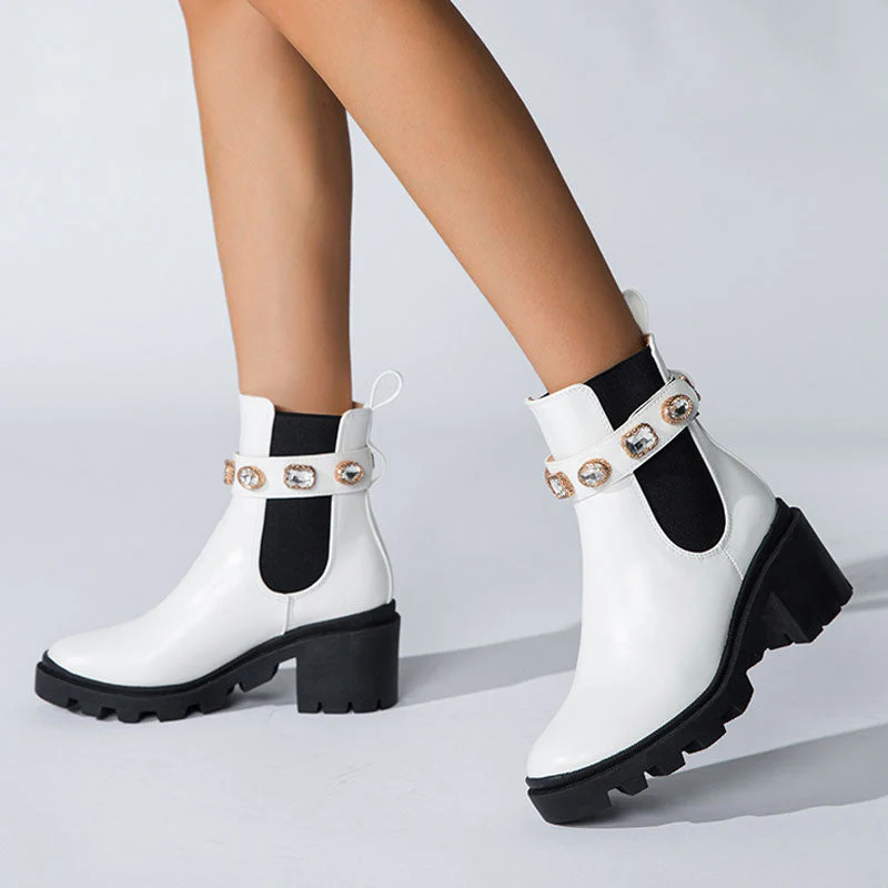 Sparkly Crystal Trim Lug Sole Round Toe Chunky Heel Ankle Boots - White - Image 4