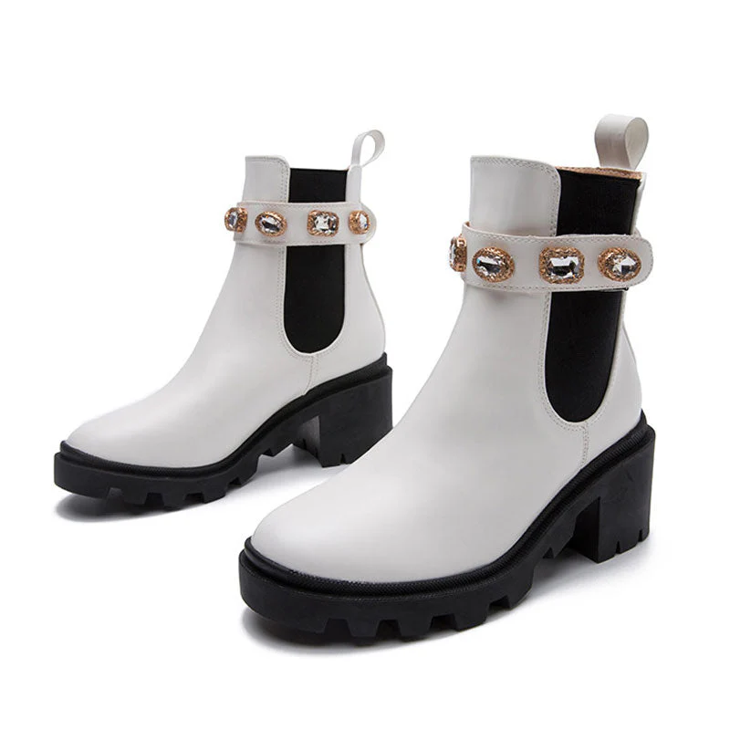 Sparkly Crystal Trim Lug Sole Round Toe Chunky Heel Ankle Boots - White - Image 5