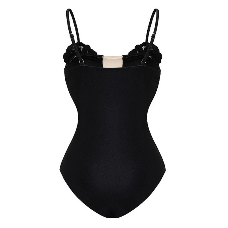 Sparkly Crystal Trim Rose Applique Moderate Deep V Neck One Piece Swimsuit - Image 2