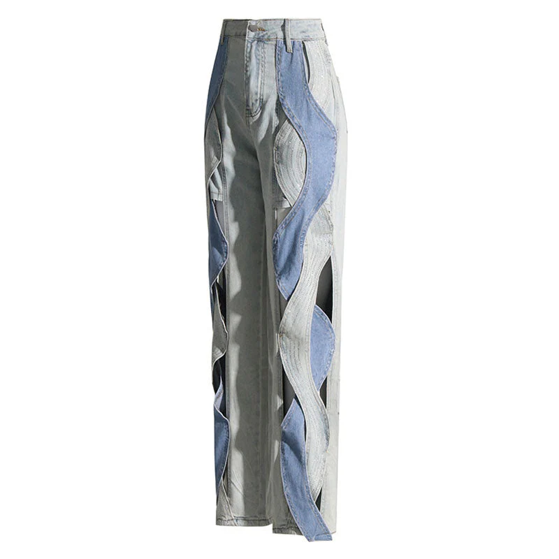 Sparkly Crystal Wavy CutOut High Waist Two Tone Wide Leg Denim Pants - Image 2