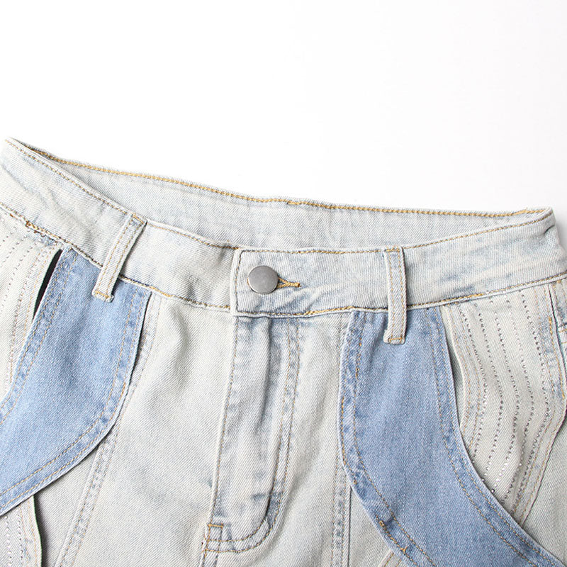 Sparkly Crystal Wavy CutOut High Waist Two Tone Wide Leg Denim Pants - Image 4
