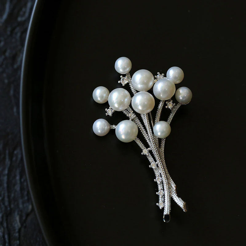Sparkly Cubic Zirconia Rhodium Plated Freshwater Pearl Bouquet Brooch - Image 3