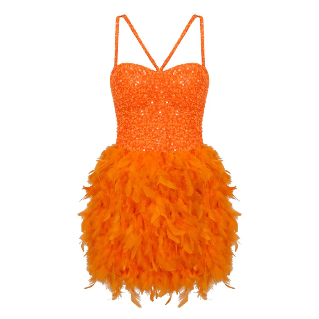 Sparkly CutOut Sequined Bustier Sleeveless Faux Feather Trim Mini Party Dress - Image 2