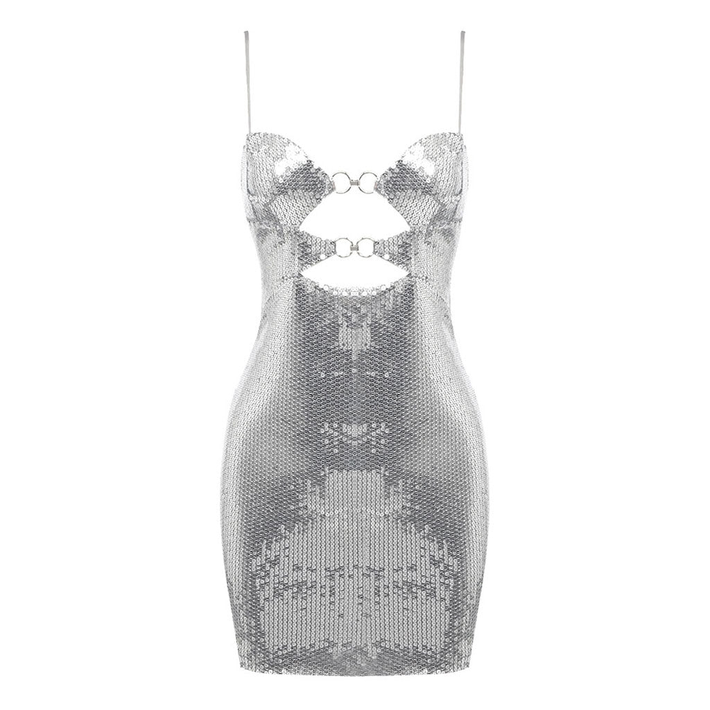 Sparkly Deep V Neck Metallic Effect O Ring CutOut Sleeveless Mini Sequin Dress - Image 4