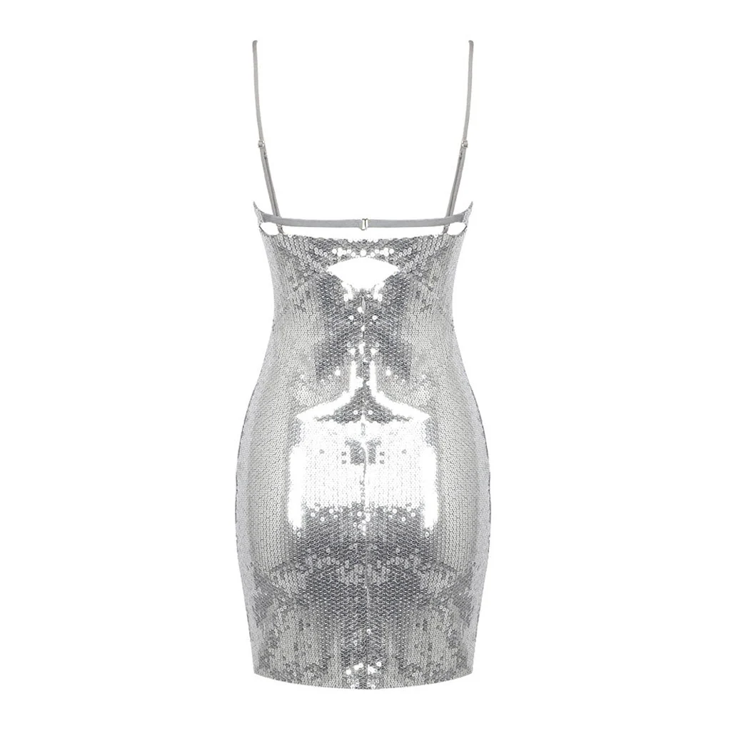 Sparkly Deep V Neck Metallic Effect O Ring CutOut Sleeveless Mini Sequin Dress - Image 5