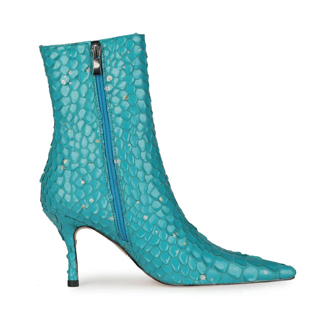 Sparkly Diamante Effect Mermaid Scale Pointed Heeled Ankle Boots - Teal - Image 3