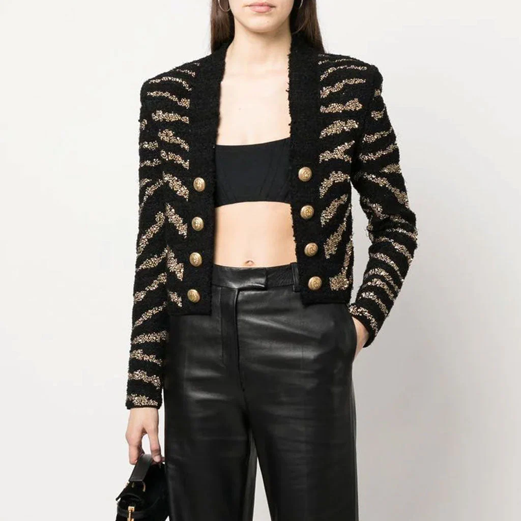 Sparkly Diamante Studded Zebra Print Long Sleeve Open Front Tweed Knit Jacket - Image 2