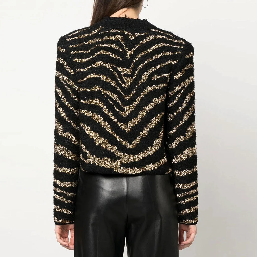 Sparkly Diamante Studded Zebra Print Long Sleeve Open Front Tweed Knit Jacket - Image 3
