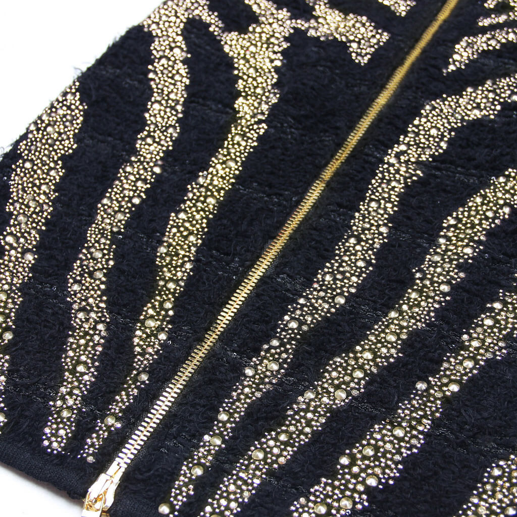 Sparkly Diamante Studded Zebra Print Mid Waist Tweed Knit Midi Pencil Skirt - Image 4