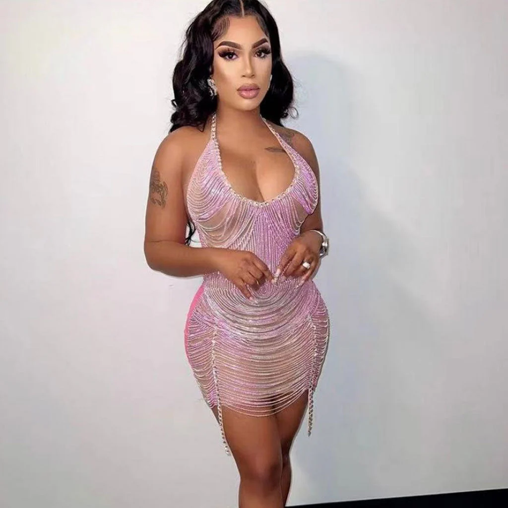 Sparkly Draped Rhinestone Tassel Halter Neck Open Back Bodycon Mini Party Dress - Image 2
