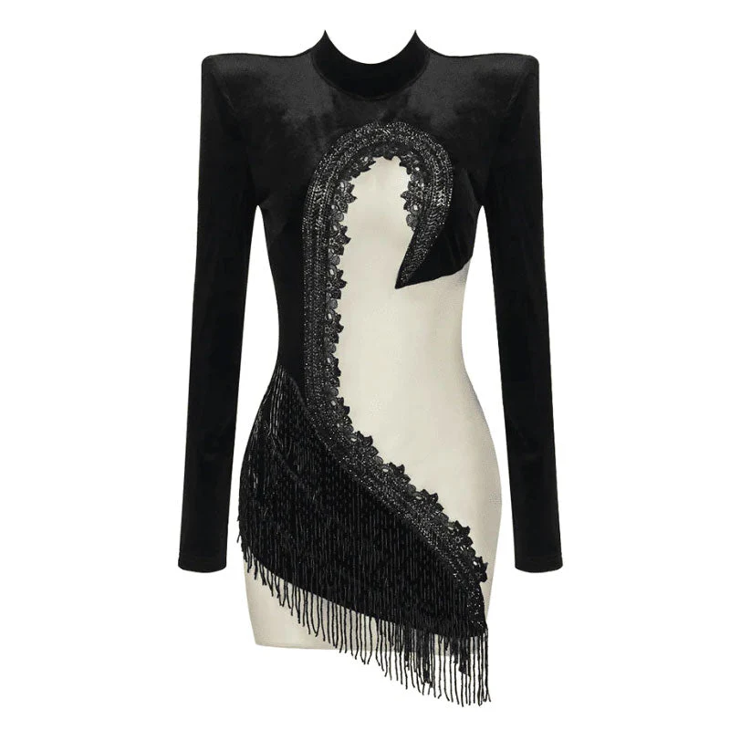 Sparkly Embellished Fringe Swan High Neck Long Sleeve Sheer Mesh Velvet Mini Dress - Image 3