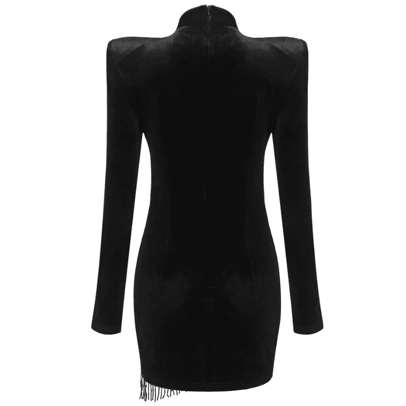 Sparkly Embellished Fringe Swan High Neck Long Sleeve Sheer Mesh Velvet Mini Dress - Image 4