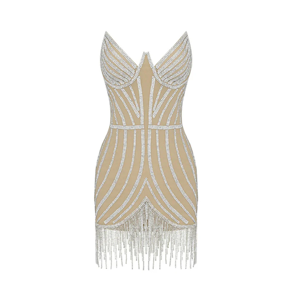 Sparkly Embellished Off Shoulder Fringe Cocktail Mini Dress - Beige - Image 5