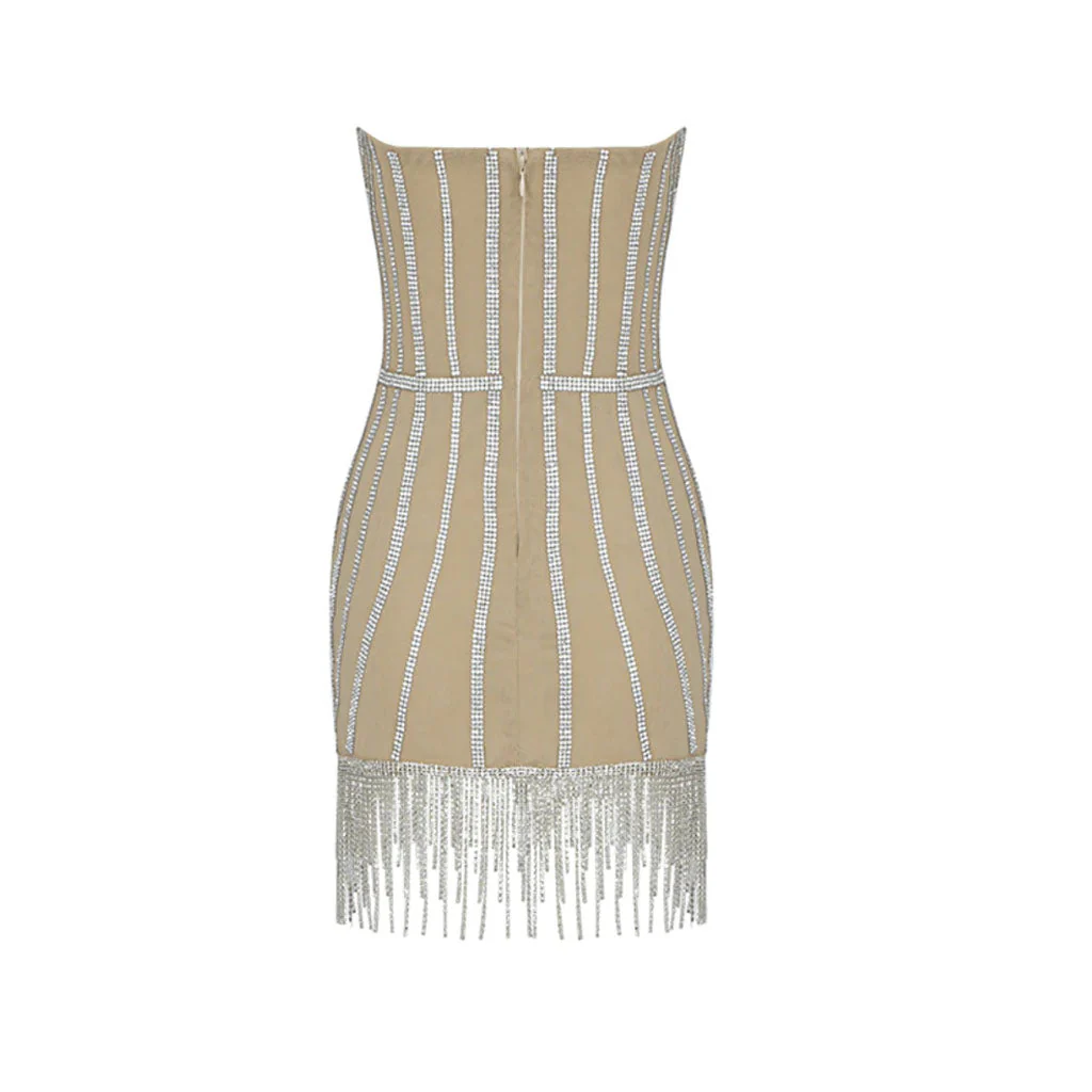 Sparkly Embellished Off Shoulder Fringe Cocktail Mini Dress - Beige - Image 6