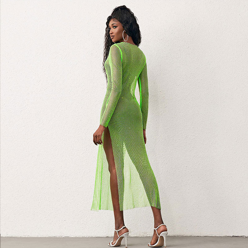Sparkly Fishnet Crystal Embellished Long Sleeve Maxi Dress - Neon Green - Image 2