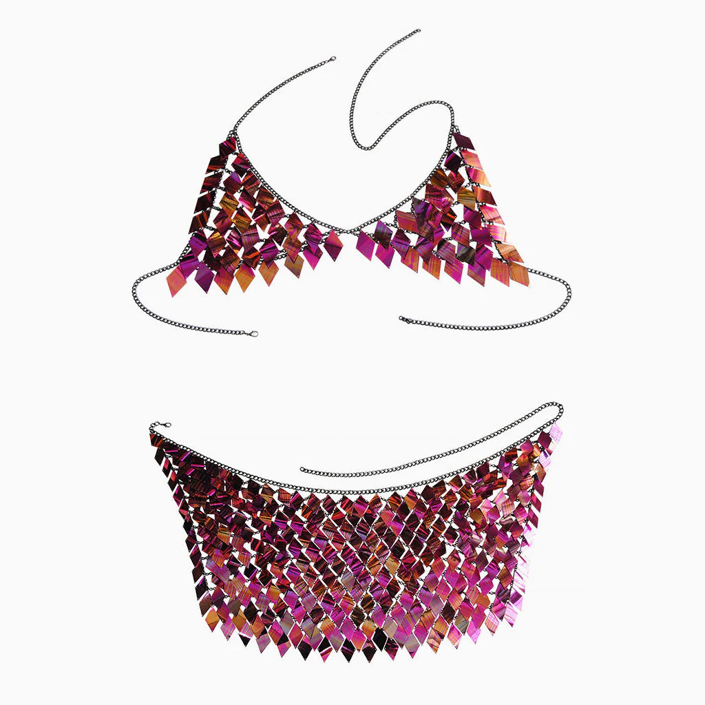 Sparkly Halter Neck Rhombus Chain Link Sequin Chainmail Body Chain Set - Image 5