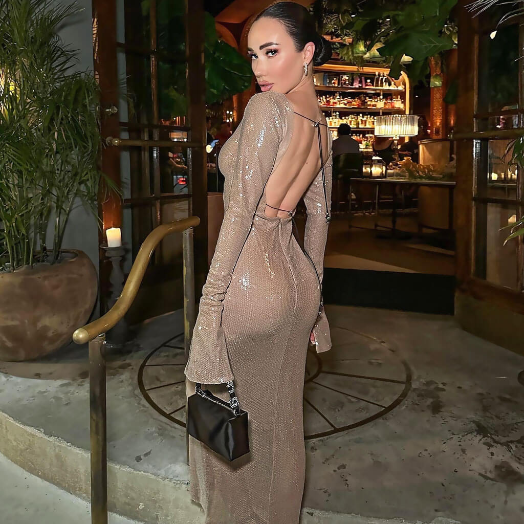 Sparkly Keyhole CutOut Drawstring Open Back Maxi Sequin Dress - Nude - Image 4