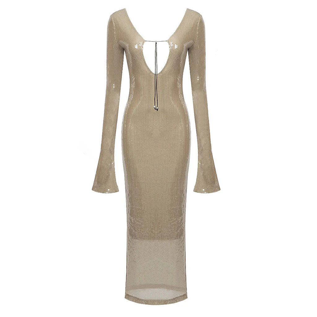 Sparkly Keyhole CutOut Drawstring Open Back Maxi Sequin Dress - Nude - Image 5