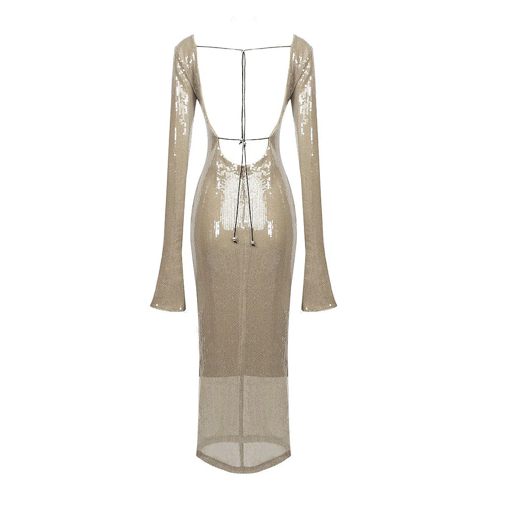 Sparkly Keyhole CutOut Drawstring Open Back Maxi Sequin Dress - Nude - Image 6