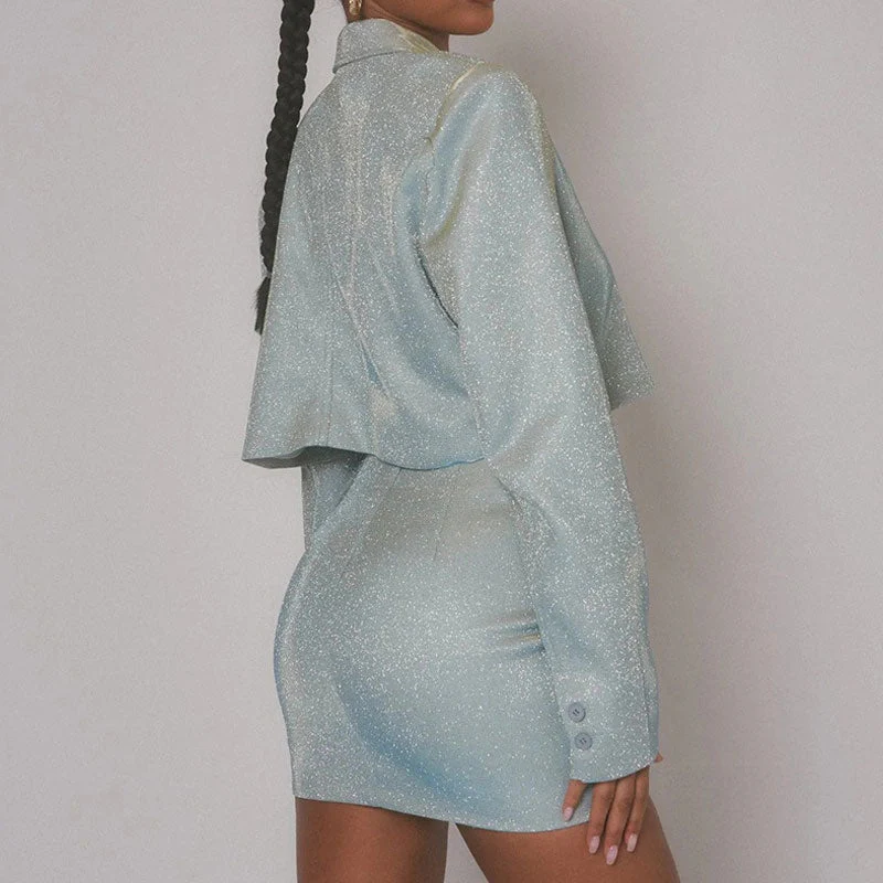 Sparkly Lapel Collar Button Up Blazer Bodycon Mini Skirt Matching Set - Blue - Image 2