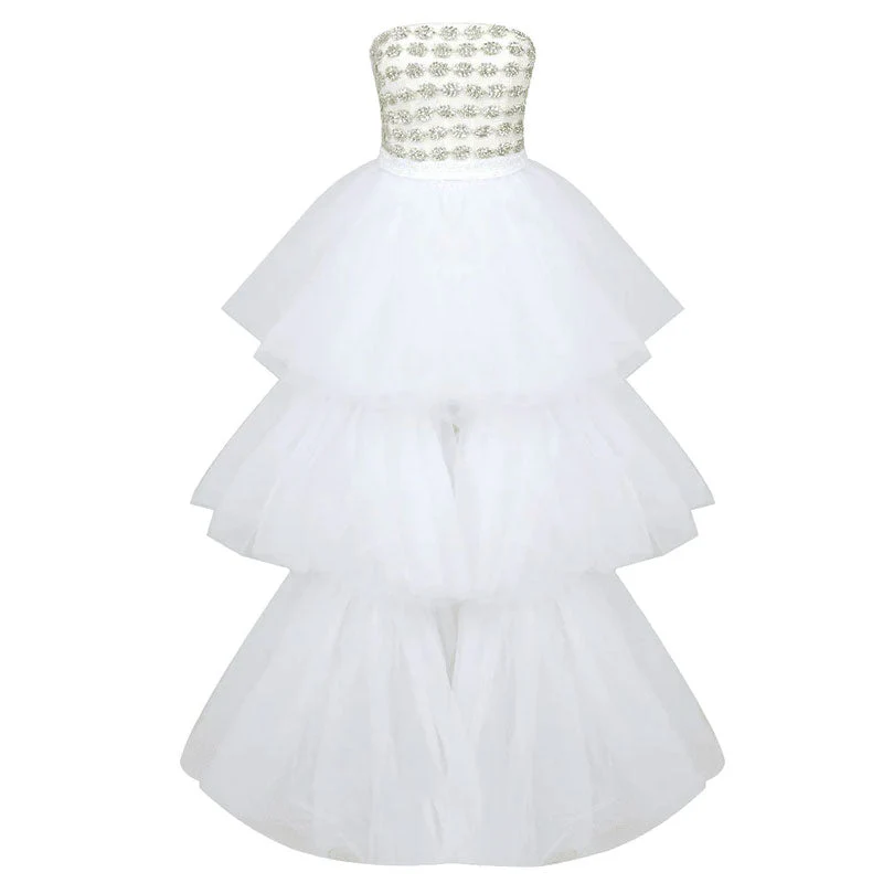 Sparkly Leaf Crystal Trim Strapless Puffy Layered Ruffle High Low Tulle Dress - Image 3