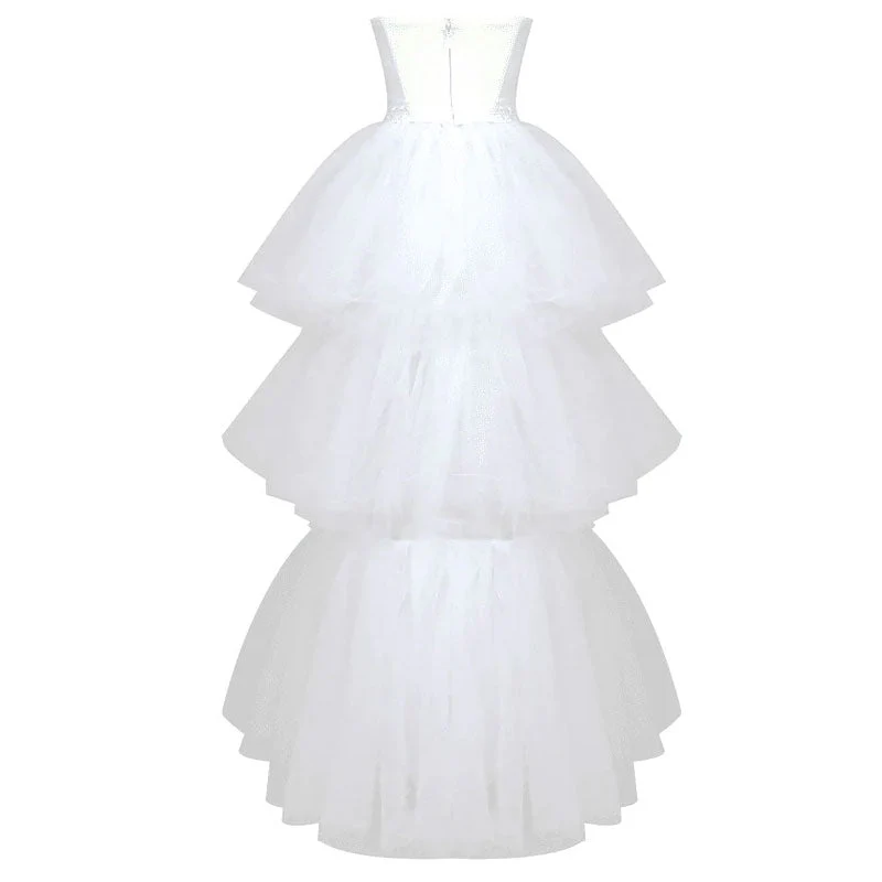 Sparkly Leaf Crystal Trim Strapless Puffy Layered Ruffle High Low Tulle Dress - Image 4
