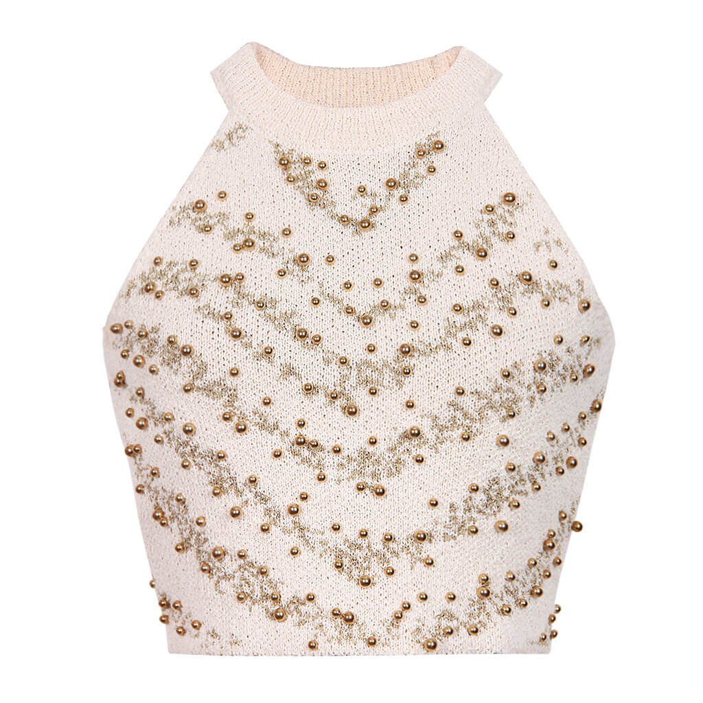 Sparkly Lurex Two Tone Charon Stripe Beaded Detail Crew Neck Crop Knit Tank Top - Image 2