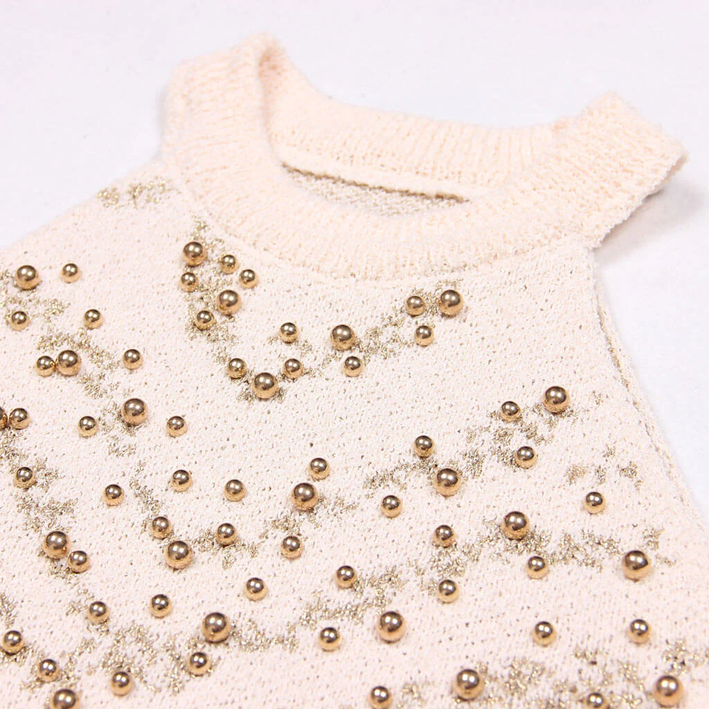 Sparkly Lurex Two Tone Charon Stripe Beaded Detail Crew Neck Crop Knit Tank Top - Image 3